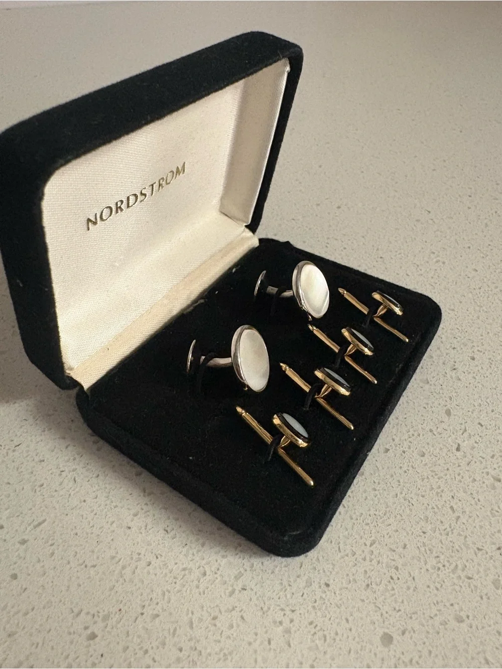 VTG Solid 14K Gold 585 Mother of Pearl 6PC Tuxedo Cufflinks & Stud Set